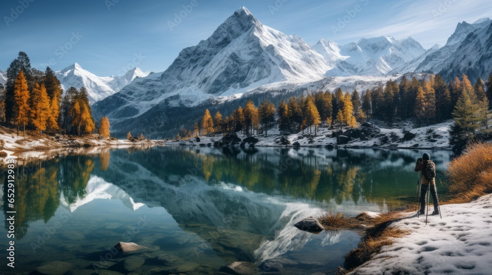 A Panoramic View of Majestic Snow-Capped Peaks and Pristine Alpine Lake