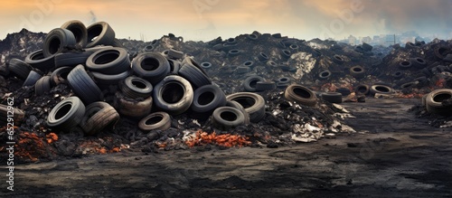Recycling old tires reusing waste rubber disposing of worn out wheels burning tire dump regenerating tire rubber