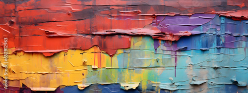 Colorful peeling pieces of paint texture background. Rainbow colors cracked paint on a wall.