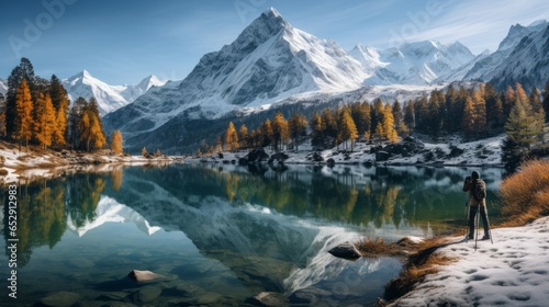 A Panoramic View of Majestic Snow-Capped Peaks and Pristine Alpine Lake © Nicolas