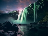 Enchanting Northern Lights Illuminating a Magical Waterfall