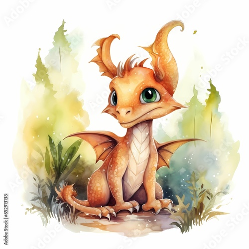 Cute dragon from a fairytale. Watercolor illustration.