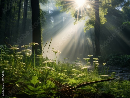 Rays of Sunlight illuminating a Foggy Forest in a National Reserve © Nicolas