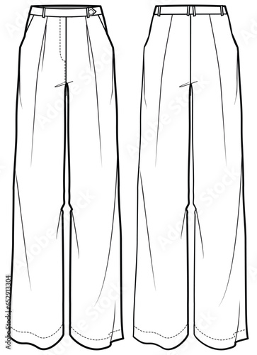 Women's mannish pants trouser flat sketch fashion illustration front and back view, loos fit pant design