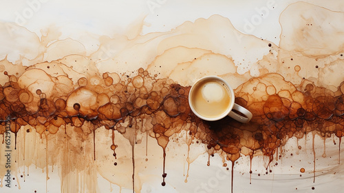 Wide photograph of coffee stain texture and a coffee cup on white paper background