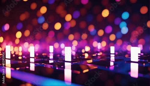 Abstract colorful glowing bokeh lights background. Sound mixing console. Equalizer. For club, music, discotheque, party. 