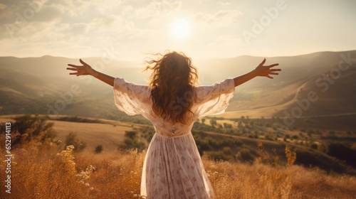 Emotional Liberation: A woman in a white dress stands atop a hill, her arms outstretched, her face radiating joy and freedom