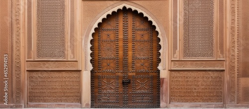 Detail of an aged door from Fes Morocco representing welcome and hospitality within Madrasa Bou Inania a Koranic school photo