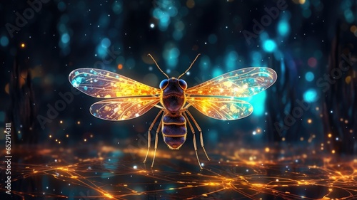 Glowing firefly flying on a dark teal bokeh background © DigitalParadise