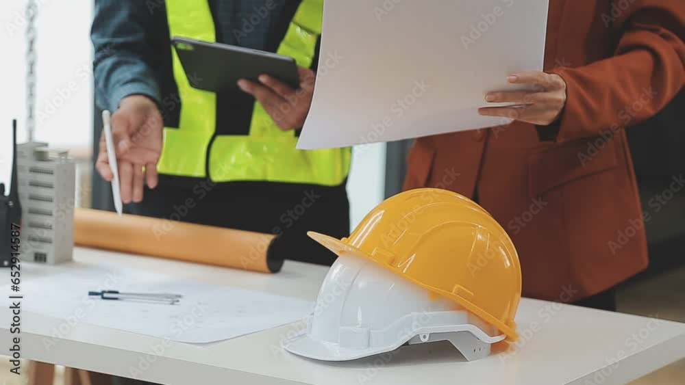 Construction and structure concept of Engineer or architect meeting for project working with partner and engineering tools on model building and blueprint in working site, contract for both companies. Construction and structure concept of Engineer or architect meeting for project working with partner and engineering tools on model building and blueprint in working site, contract for both companies.