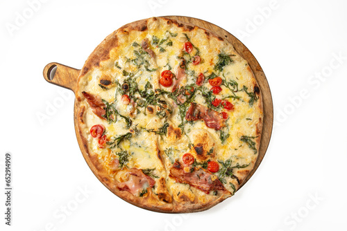 Italia maxi pizza isolated on a white background with mozzarella, raw ham, rocket, cherry tomatoes, fontina cheese, truffle oil