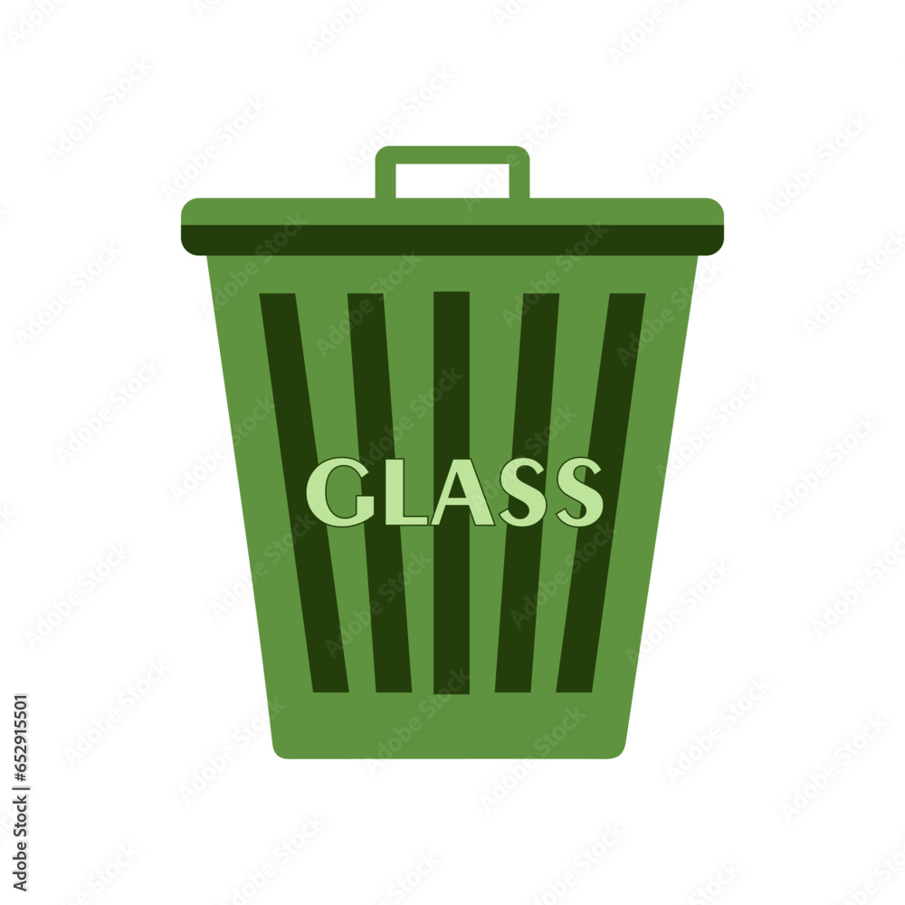 Big Flat green recycle garbage can with text Glass on it. Trash bin in cartoon style. Recycling trash can. Vector illustration isolated on white. Educational Poster, Ecology and sorting concept. Big Flat green recycle garbage can with text Glass on it. Trash bin in cartoon style. Recycling trash can. Vector illustration isolated on white. Educational Poster, Ecology and sorting concept.