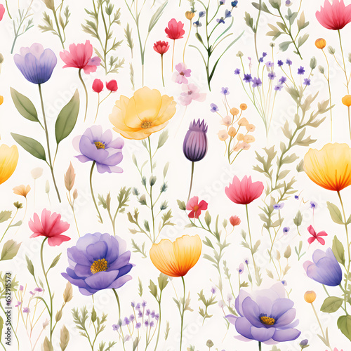 Wild flowers watercolor pattern, tileable seamless texture on white background. Great for floral wallpapers.