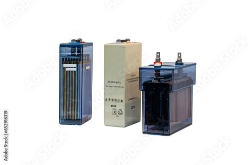 various type tubular gel battery (solid state) for many application use such as solar power system electronic instrument power plant and distribution station etc. isolated on white with clipping path photo