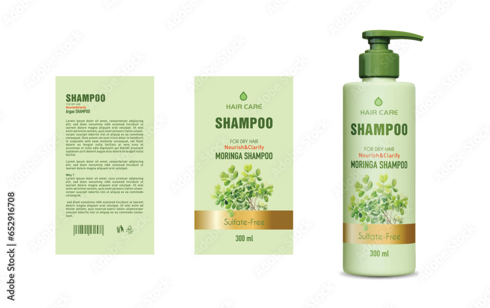 Moringa Shampoo Label Design, Shampoo bottle template design vector illustration, Vector label design, EPS Package, Watercolor Moringa Label design, mockup Shampoo Label Vector - obrazy, fototapety, plakaty 