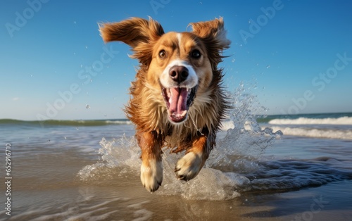 The Joy of a Beach Run: Dog Frolicking with Ocean Waves
