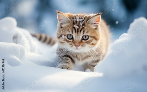 A small kitten's first snow experience