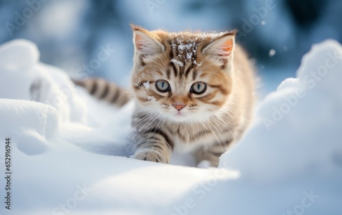 A small kitten's first snow experience