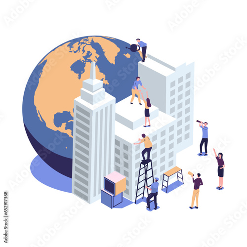 little people are preparing for the holiday, saving the planet, World Environment Day, Bio technology, a city in the background of the planet vector
