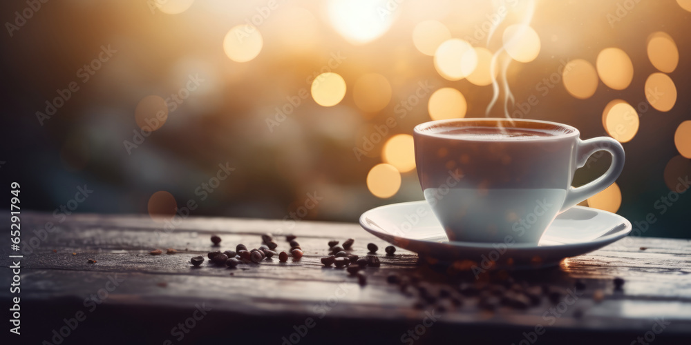 Fototapeta premium Cup of Coffee and Roasted Coffee Beans on a Wooden Table on a blurred Background with golden bokeh, copy space. Autumn, Winter or Christmas Espresso