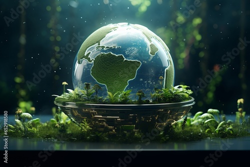 Fototapeta Naklejka Na Ścianę i Meble -  futuristic globe representing a completely green planet surrounded by plants with a futuristic background