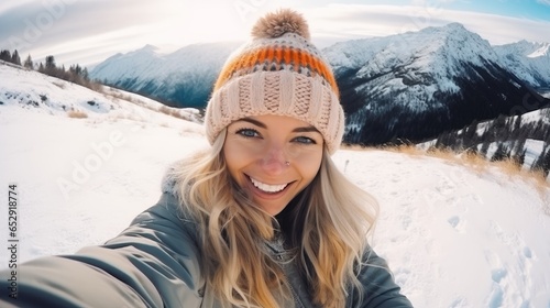 Portrait of a young sporty woman in a knitted hat taking a selfie in a snow landscape