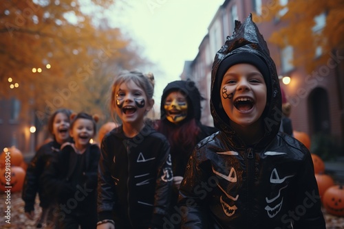 children laughing and enjoying halloween trick-or-treating a © Javier