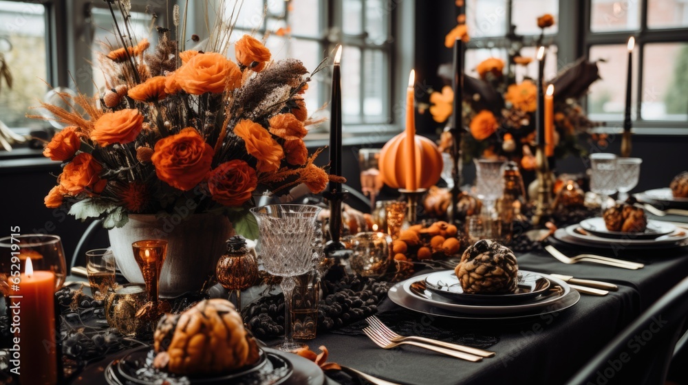 A table set for a thanksgiving dinner with candles and flowers