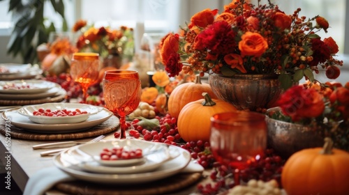 A table set for a thanksgiving dinner with oranges and pomegranates