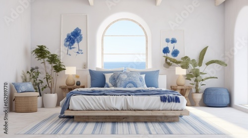 A bedroom with a large bed and a large window