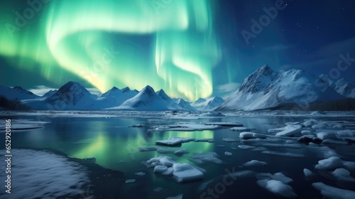 Northern Lights Majestic Aurora Borealis Over Icebergs, Snow Mountains, and Lakes in Polar Regions. Generative AI photo