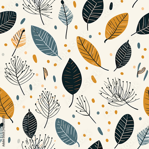 Scandinavian seamless doodle pattern with vintage leaves sketch. For wrapping paper. Ideal for wallpaper, surface textures, textiles. 