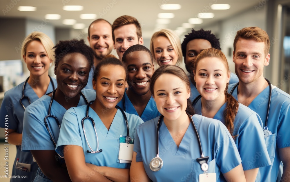 Nurses and doctors portrait at hospital. Generative AI Nurses and doctors portrait at hospital. Generative AI