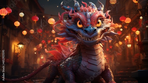 Dragon on the night of street city, Chinese new year, AI generated