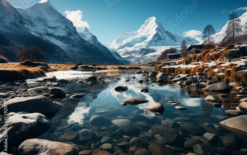 A Serene Lake Reflecting Snow-Capped Mountains