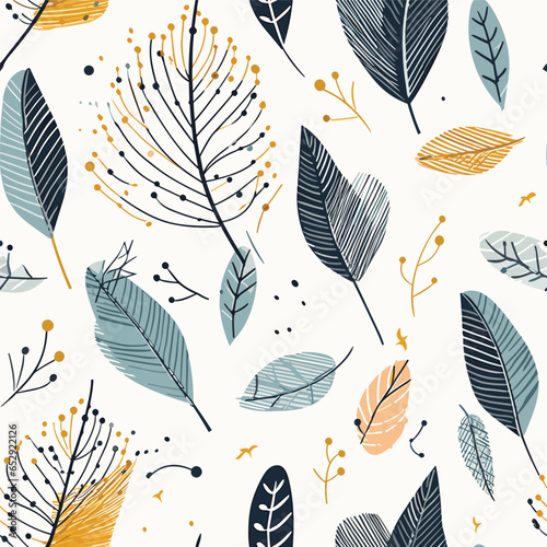 Scandinavian seamless doodle pattern with vintage leaves sketch. For wrapping paper. Ideal for wallpaper, surface textures, textiles.
