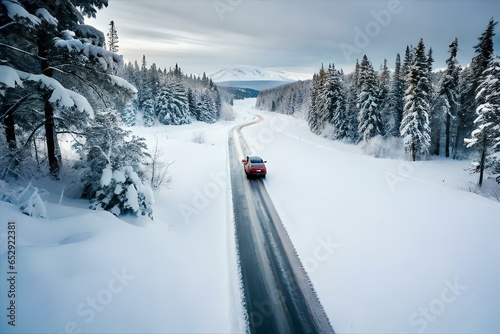 Drone view of a red car driving though a snowy forest in Lapland, car on road in snowy weather