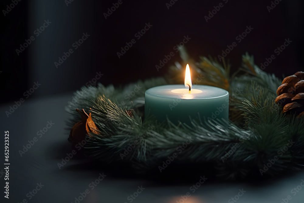 Christmas candle in fir wreath located on wooden table at country home close up. Christmas candle in fir wreath located on wooden table at country home close up.