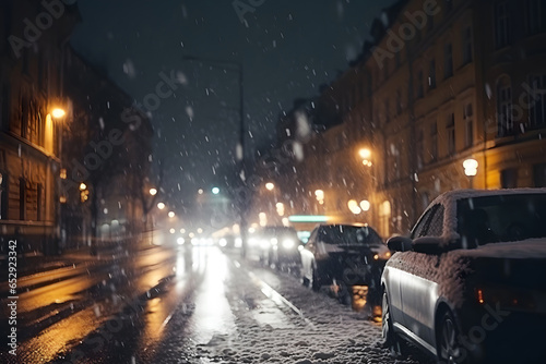 Snow covered city street with slippery road and cars moving and parking in snowstorm at nighttime © Bonsales