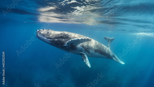 A Baby Humpback Whale Plays Near the Surface in Blue Water © JKLoma