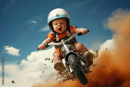 Funny illustration of a Little boy in helmet riding motocross bike on background of blue sky, ai generative