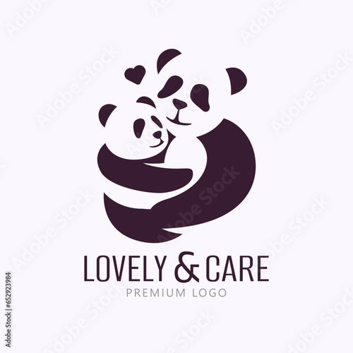 Panda cuddles the baby panda. Negative space minimal logo design concept. Logo template