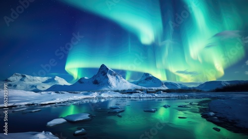 Northern Lights Majestic Aurora Borealis Over Icebergs, Snow Mountains, and Lakes in Polar Regions. Generative AI