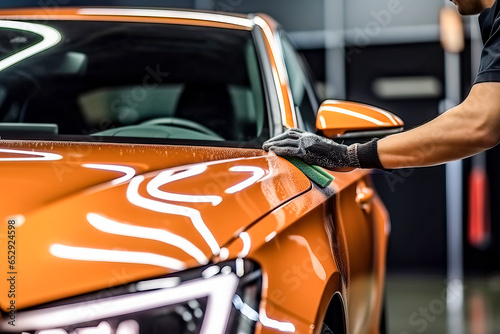 A man waxing an orange car in a garage