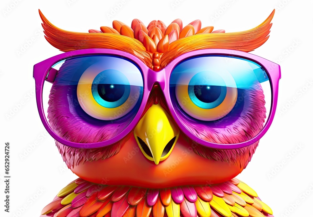 A cute multicolored toy owl with glasses isolated on a white background. Plastic toy figurine of rainbow-colored eagle-owl made of ceramics, plasticine, other material. Can be printed on any products.