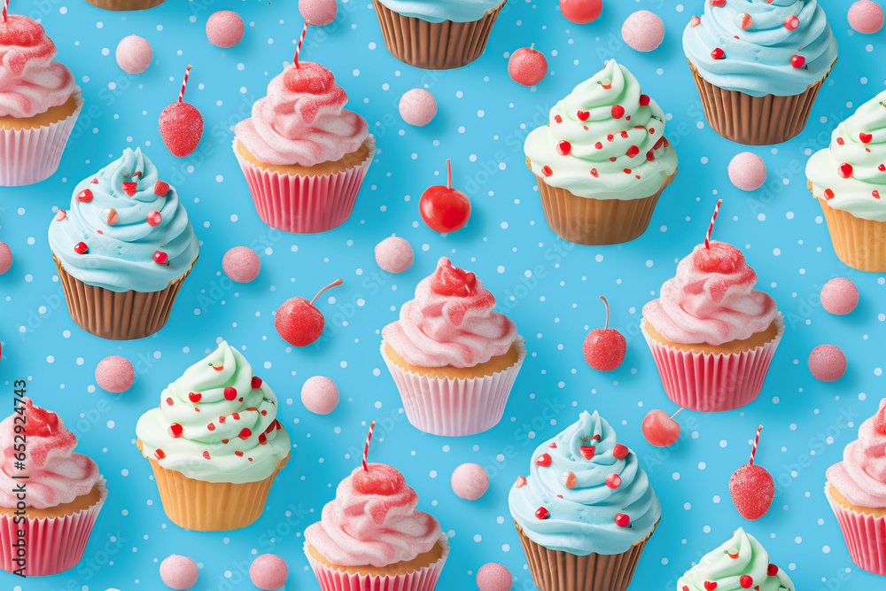 Cupcakes and cherries on a blue background