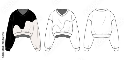 sweatshirt flat drawing technical sketch template. front and back sweatshirt outfit design vector illustration for a clothing brand. fashion CAD drawing mock up design for garment, apparel template.
