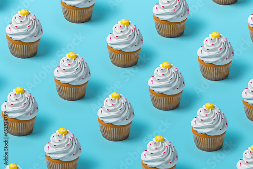 Delicious cupcakes with white frosting and colorful sprinkles