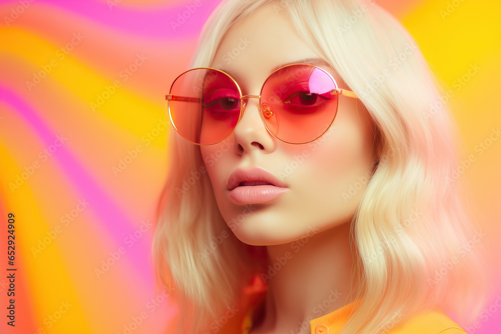 A woman with stylish red sunglasses and a vibrant yellow shirt A woman with stylish red sunglasses and a vibrant yellow shirt