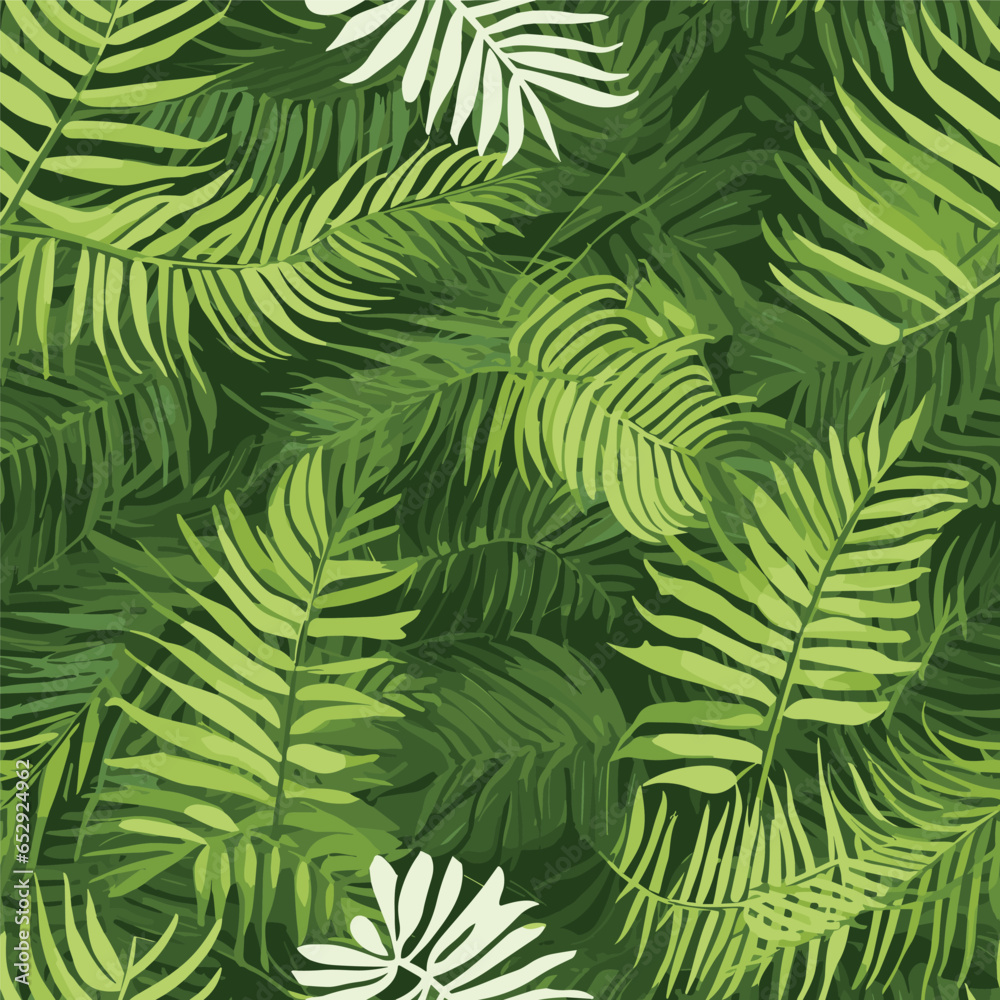 Seamless green tropical pattern. Leaves palm tree, fern, monstera. Gradient green leaves